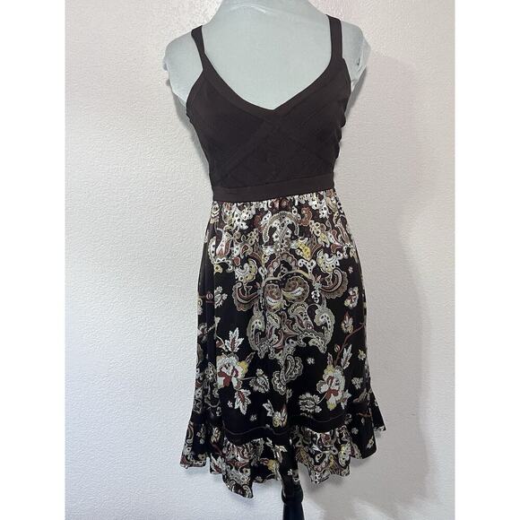 BEBE Disco Dress 70’s Retro Silk Sz M Bandage Knit Top Sleeveless Ruffle Paisley - Picture 1 of 9